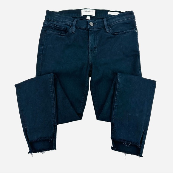 Frame Le Skinny De Jeanne Raw Stagger Mid Rise Cropped Skinny Jeans Film Noir - Picture 2 of 13